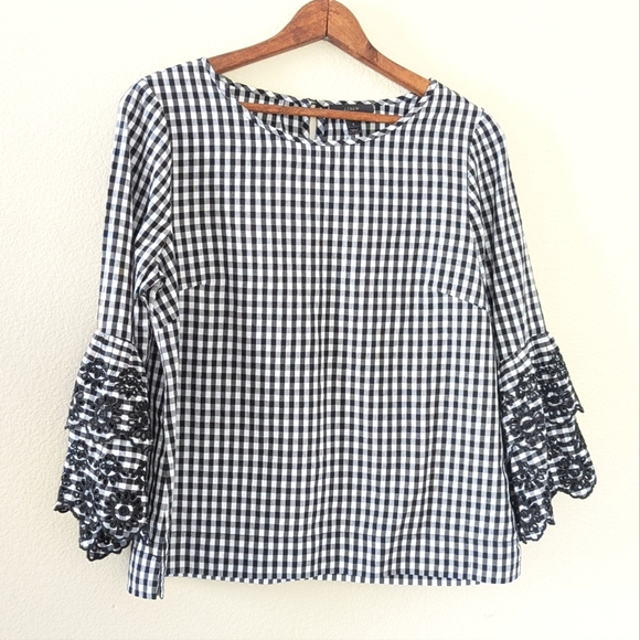 J. Crew Tops - J. Crew Check Top Sz 6 Black White Gingham  Ruffle Bell Sleeve Small Eyelet